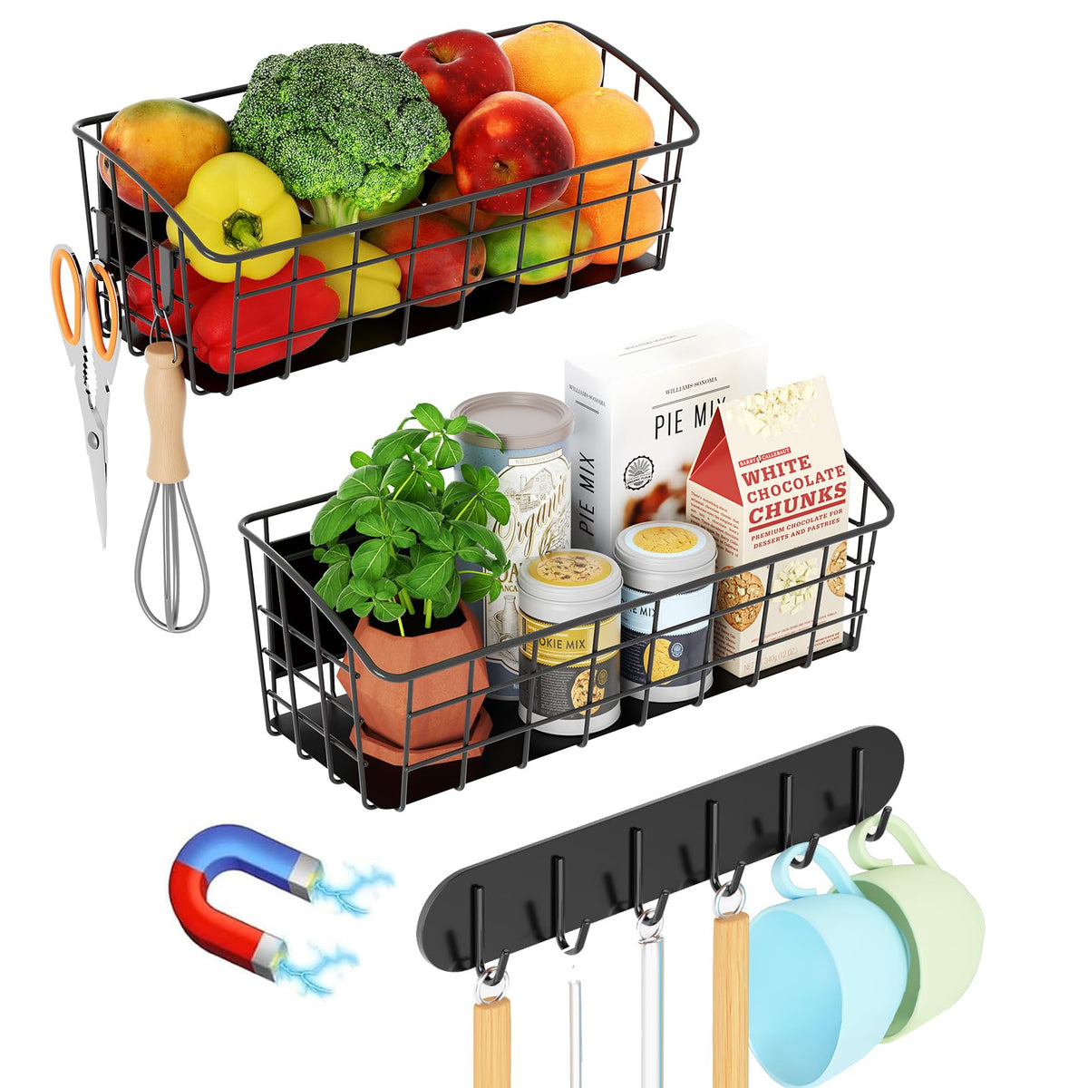 2Pack Magnetic Shelf for Refrigerator, Strong Magnetic Spice Rack with 1 Hook Rack and 2 Moveable Hooks, Fruit Potato Onion Stor