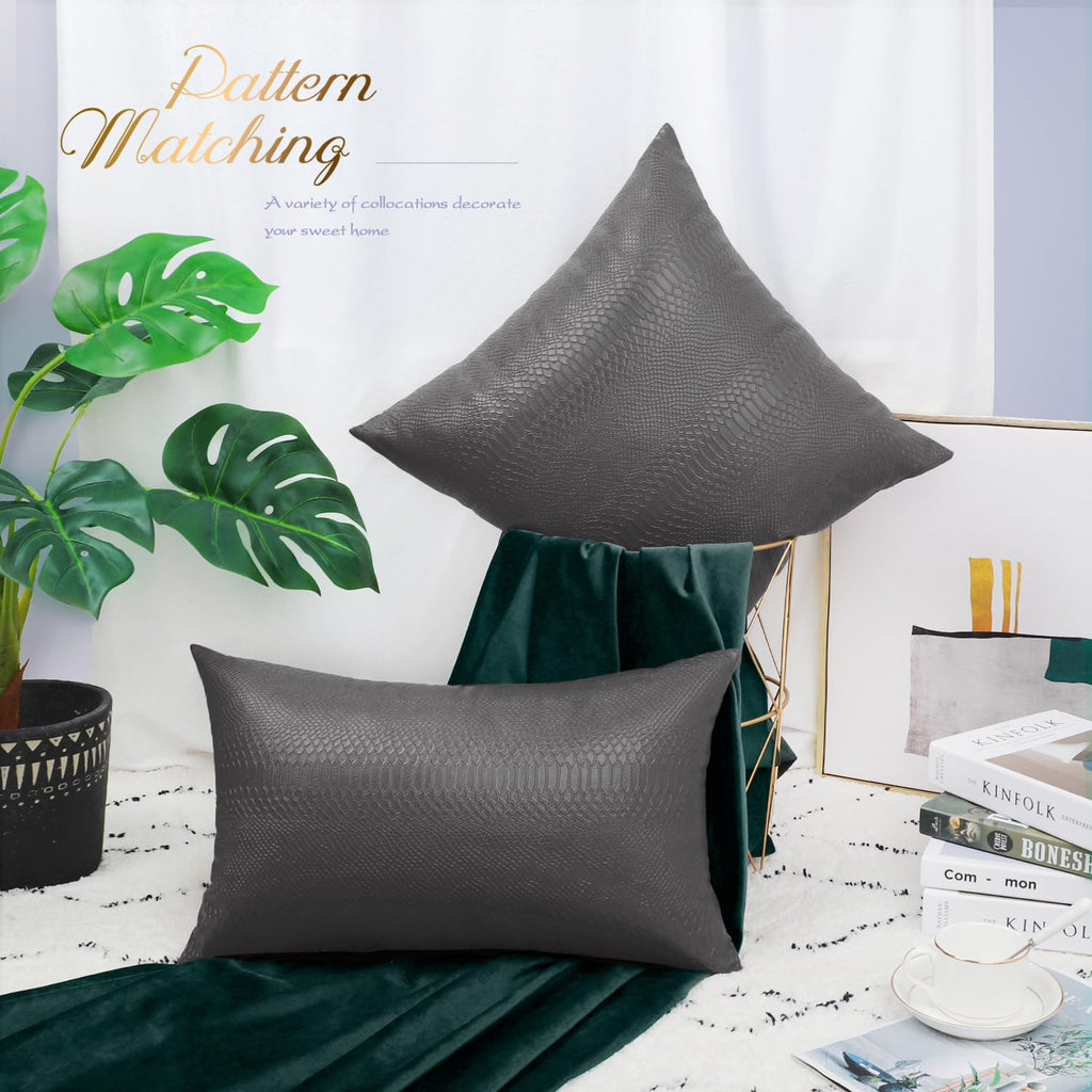 Brawarm Charcoal Gray Leather Throw Pillows 12 X 20 Inches, Snake Leather Pillow Covers Pack Of 2, Faux Leather Decorative Lumba