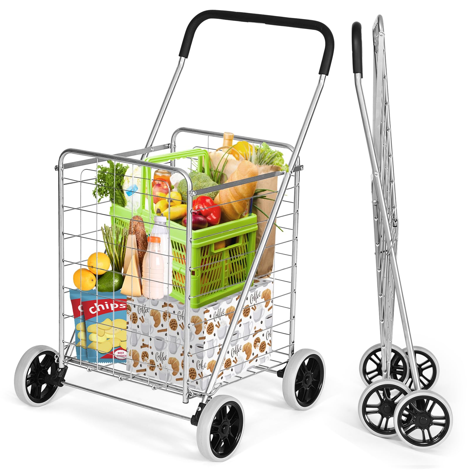 IRONMAX Grocery Shopping Cart, Foldable Heavy Duty Utility Cart w/Large Wheels for Easy Installation and Removal, Lightweight Tr