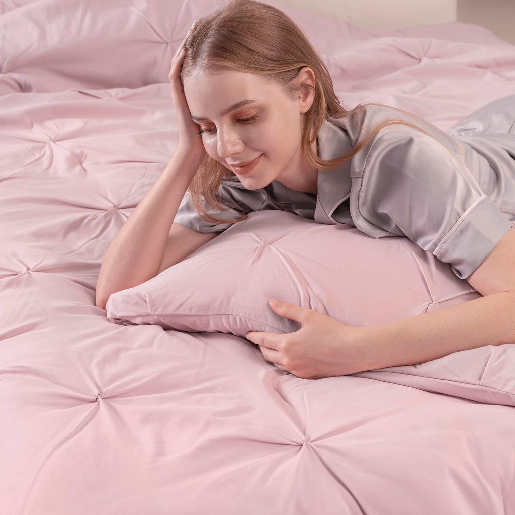 Downcool King Size Comforter Set - 3 Pieces Cute Pintuck Bedding Comforter Sets, Soft Fluffy Pink Comforter King Size, All Seaso