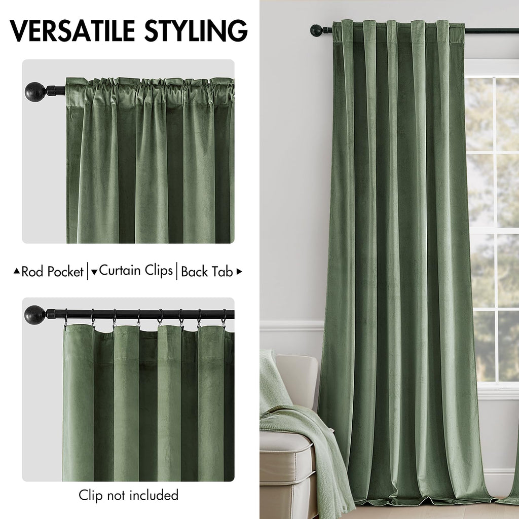 Miulee Sage Green Velvet Curtains 84 Inches - Luxury Blackout Curtains For Bedroom Living Room Thermal Insulated Super Soft Window Drapes Back Tab Rod Pocket, W52 X L84 Inches, 2 Panels