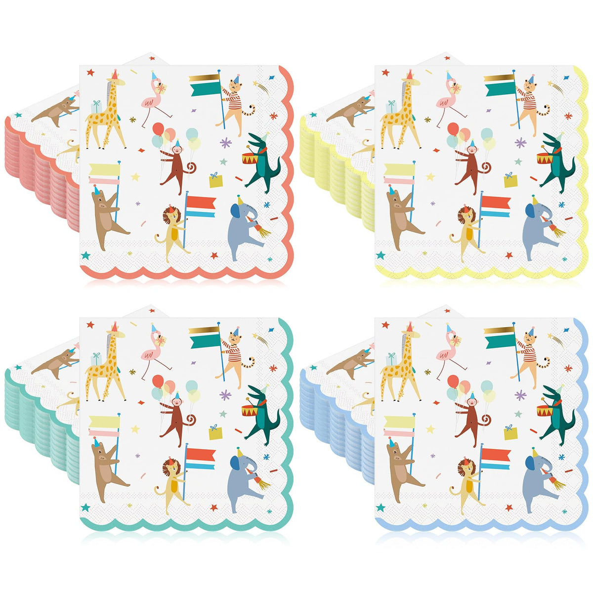 Maxdot 100 Pcs Large Animal Parade Theme Napkins 6.5 Inches Disposable Paper Napkins with Cute Jungle Safari Animal Design for Z