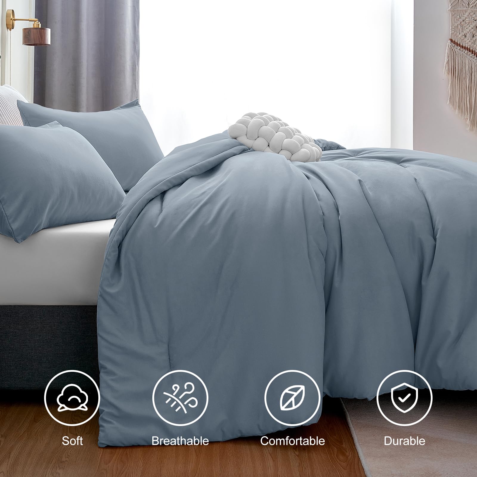 Cozylux Grayish Blue Comforter Set Full Size, 3 Pieces Solid Breathable Quilted Boho Style Bedding Sets, Luxury Fluffy Soft Microfiber Comforter For All Season(1 Comforter & 2 Pillowcases)