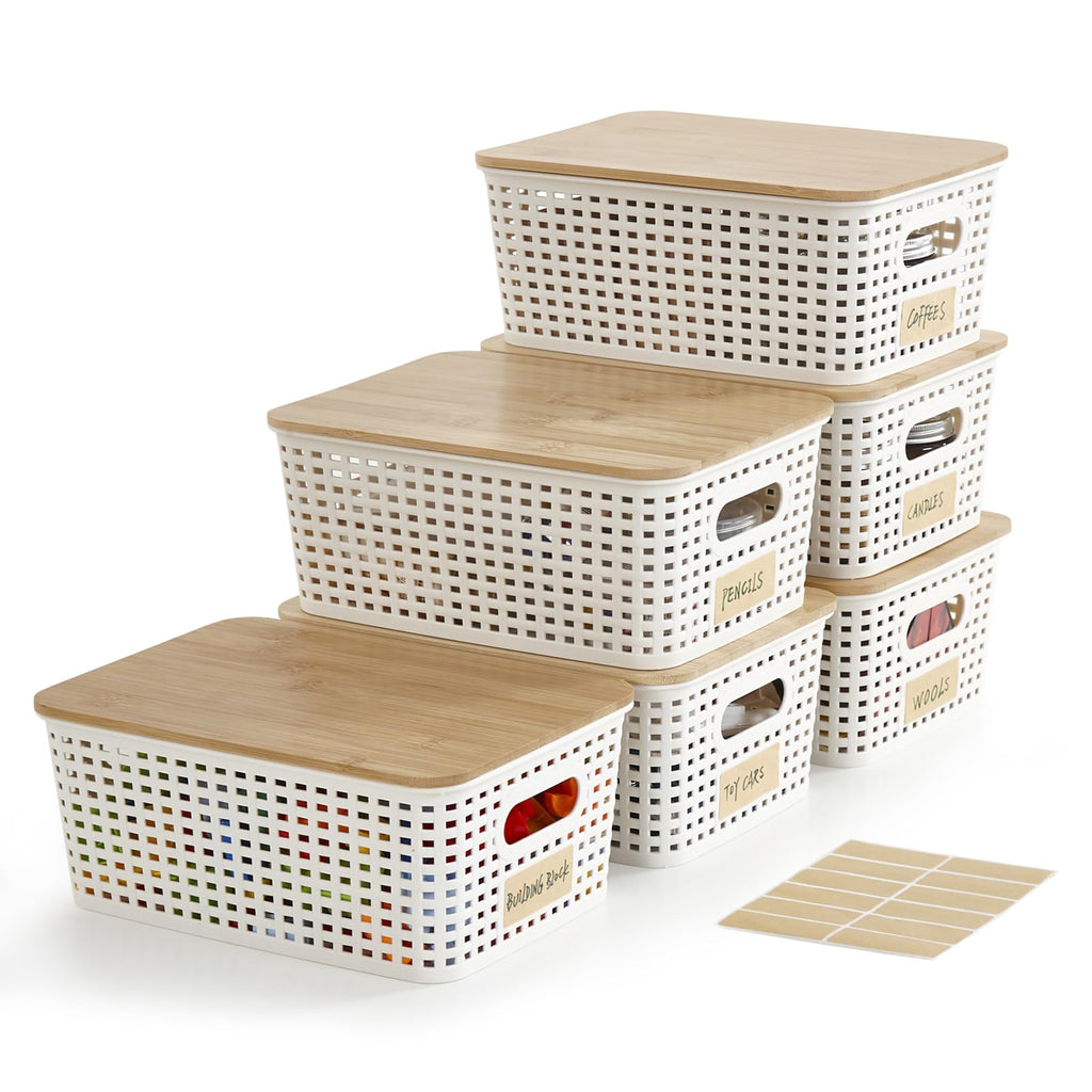 Bagnizer Small Plastic Storage Bins with Bamboo Lids 5.2qt Stackable Box Basket Pantry Decorative Containers Cute with Lable for