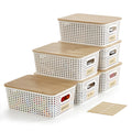 Bagnizer Small Plastic Storage Bins with Bamboo Lids 5.2qt Stackable Box Basket Pantry Decorative Containers Cute with Lable for