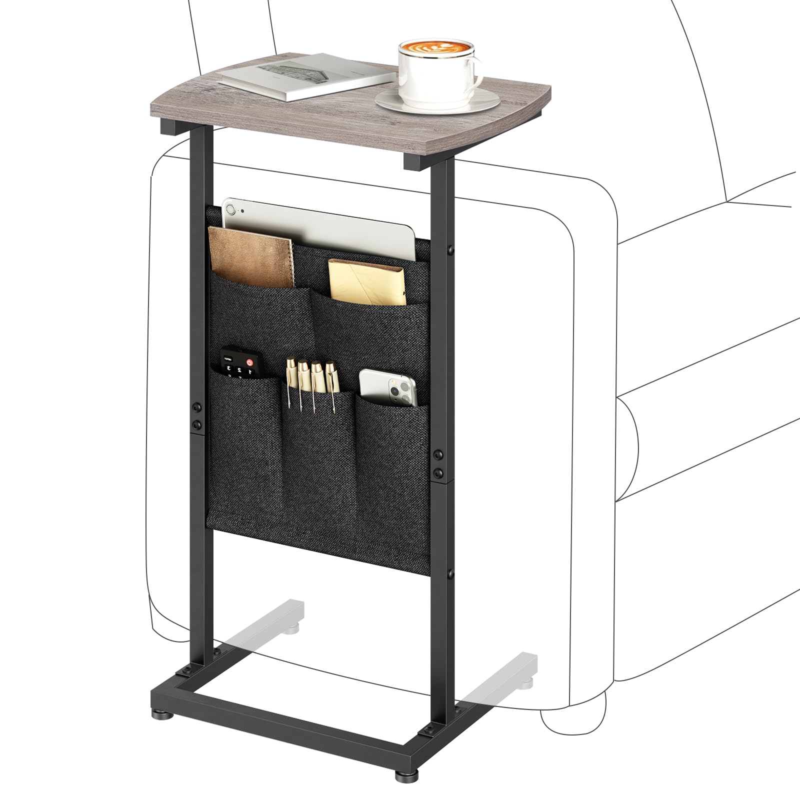 HOOBRO C Shaped Side Table, 28.3 Tall End Table with Storage Bag, Couch Side Table with Sturdy Frame, Slide Under Sofa Table, TV