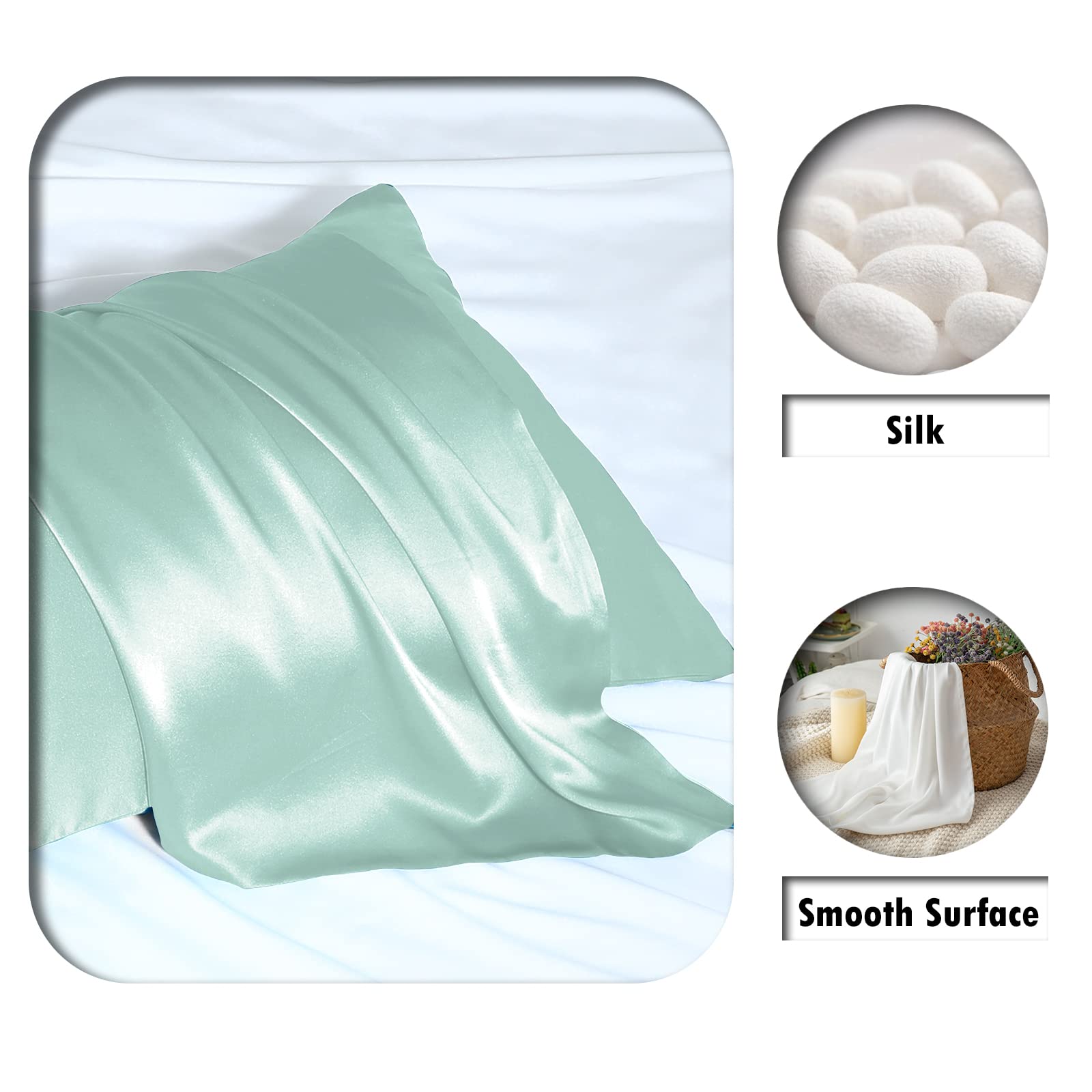 Suatien Mulberry Silk Pillowcase for Hair and Skin, Standard Size 20"X 26", Sage Green