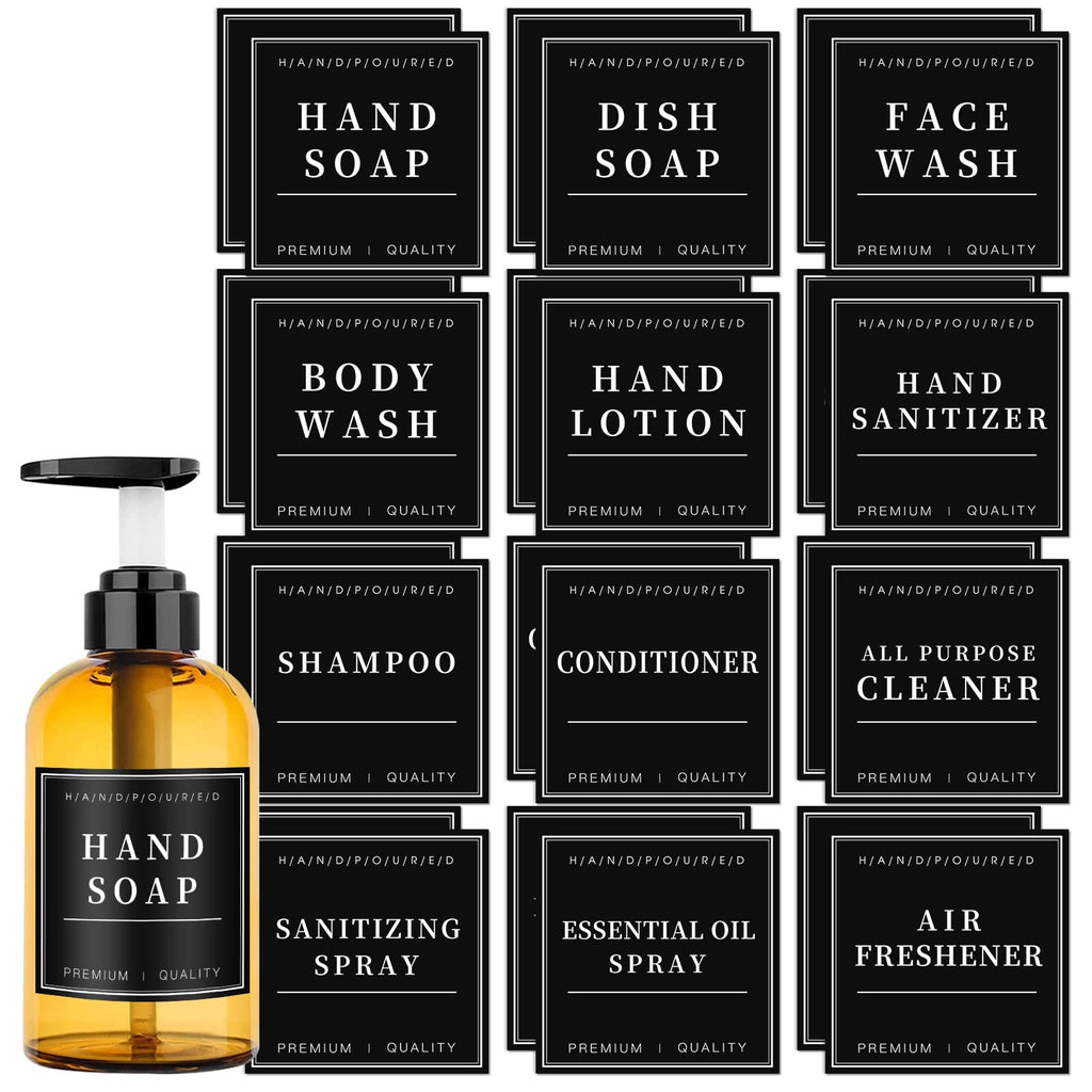 24PCS Waterproof Labels for Glass or Plastic Bottles, Bathroom Hand Soap Shampoo Dispenser Label Stickers, Removable Cleaning La