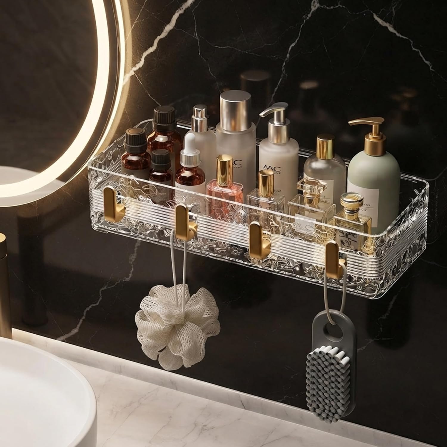 Zockrix Wall Mounted Bathroom Shelf Organizer With Towel Bar & Hooks, Self Adhesive Storage Rack For Bathroom Accessories, Showe