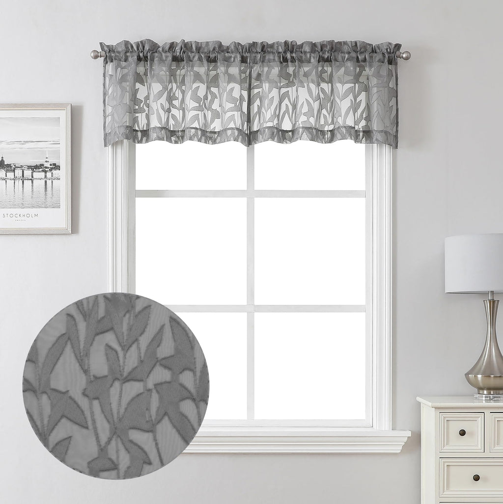 Lecloud Leia Charcoal Grey Curtains Sheer Valances For Windows 14 Inch Length 2 Pieces, Airy Jacquard Leaf Voile Curtain For Liv