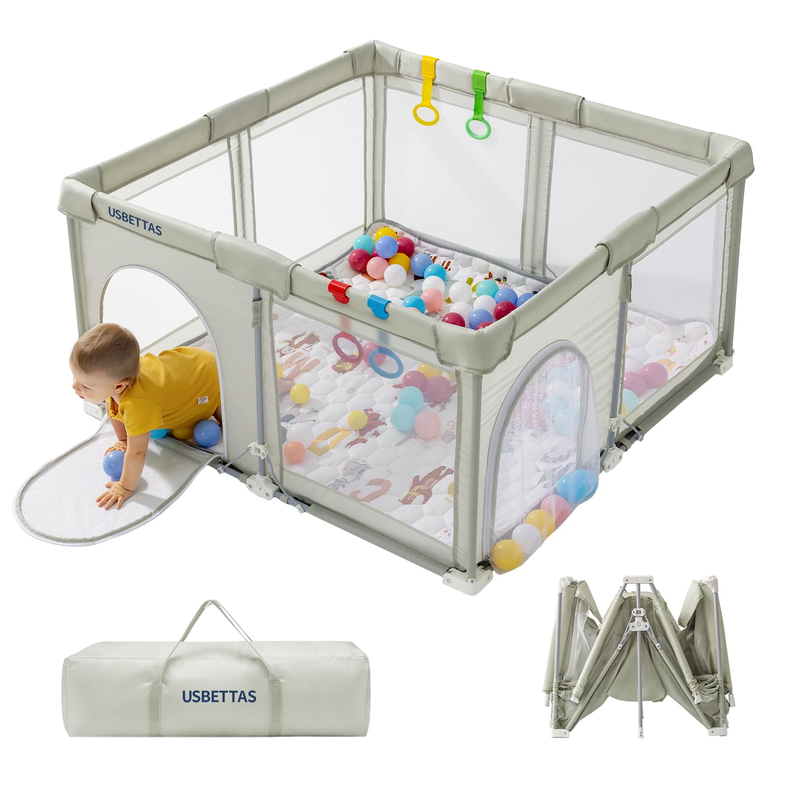 usbettas Foldable Baby Playpen with Mat, 1-Minute Setup, Lightweight Portable Playpen with Carry Bag, 50x50 Indoor Outdoor Safty
