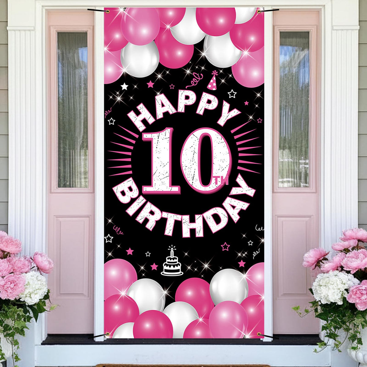 10th Birthday Banner Hot Pink, Happy 10th Birthday Decoration for Girls, Fabric Pink 10 Year Old Birthday Party Yard Sign Photo 