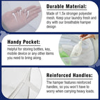 TECHMILLY 90L Collapsible Mesh Laundry Hamper - White, Large Opening with Strong Handles & Side Pockets for Dorm, Bathroom, Travel