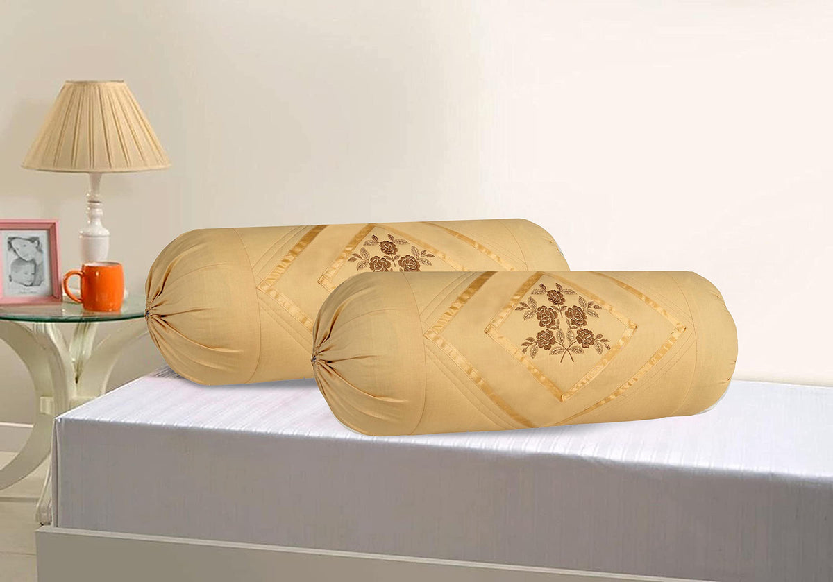 Rj Products  Flower Cotton Embroidery Bolsters Covers Set Of 2 Piece (Beige)