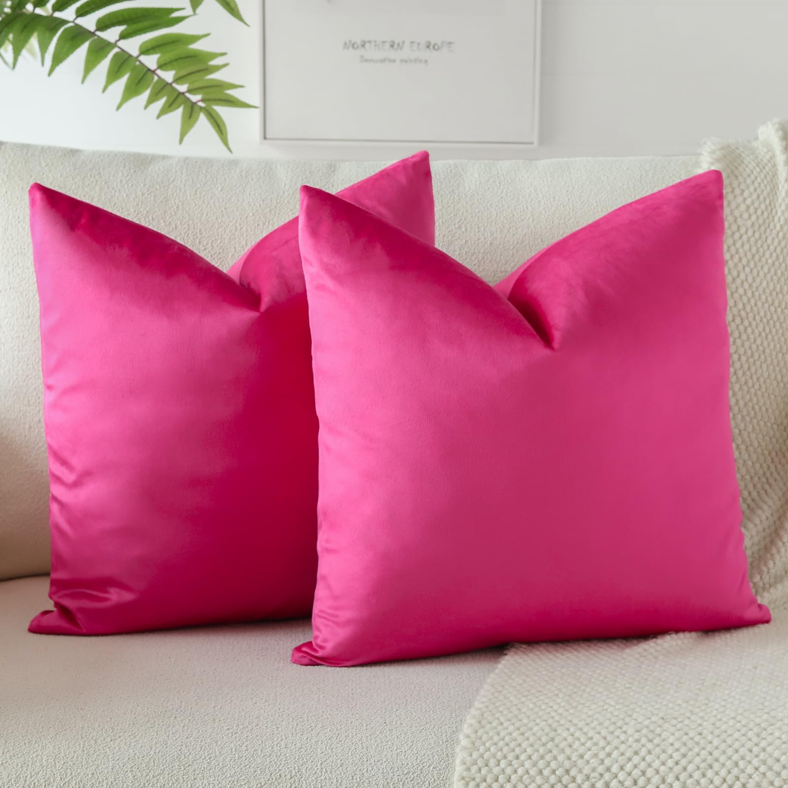 Otostar Pack Of 2 Velvet Soft Decorative Throw Pillow Covers Solid Square Cushion Case Home Decor Pillow Covers For Couch Sofa Bedroom Living Room Decorative Pillowcases 20 X 20 Inch (Hot Pink)