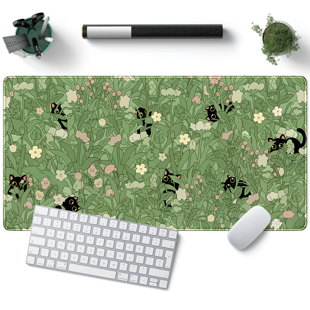 YKJWW Green Desk Mat XL 31.5x15.7in Cat Plant Kawaii Non-Slip Stitched Edges Mouse Pad - B-cat in the Meadow Desk Decor