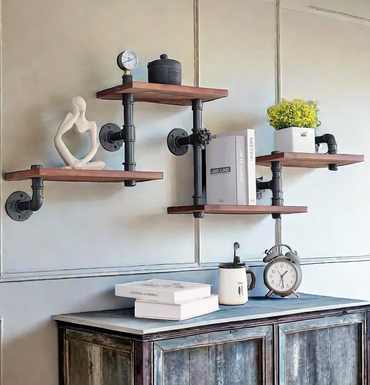 BIXIRAO Industrial Rustic Modern Solid Wood Ladder Pipe Wall Mounted Floating Shelves - 4 Tiers Bookshelf,DIY Storage Shelving,H
