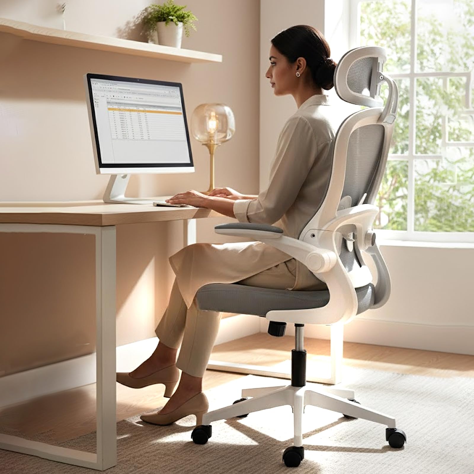 Cellbell Swift White Mesh Mid Back Chair, Ergonomic Office Desk, Work From Home, Computer, Sturdy Material, Multi Lock System, A