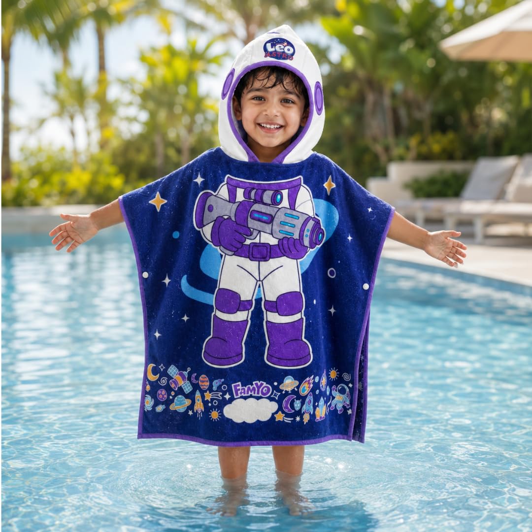 Famyo Maxx Hooded Poncho Towel for Kids 17 Years, Dark Blue Leo, 60x60 cm | Soft QuickDry Microfiber Kids Bath Towel | Swimmin