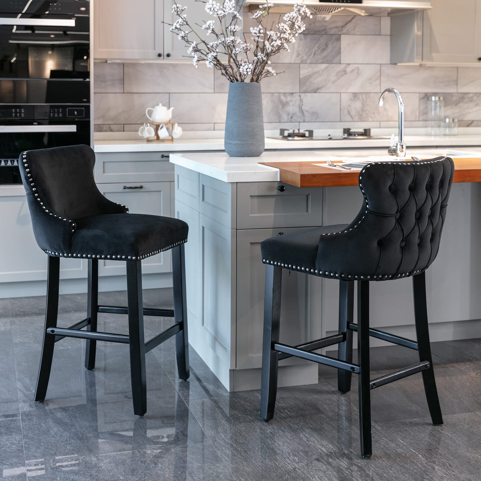 i-POOK Counter Height Bar Stools Set of 2, Velvet Upholstered Barstools with Solid Wood Legs, Button Tufted and Nailheads Trim, 