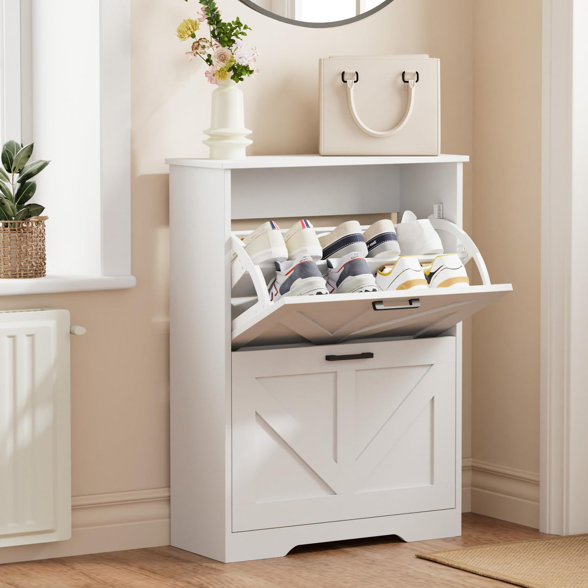 Homleke Farmhouse Shoe Cabinet for Entryway, 2 BarnStyle Flip Drawers
