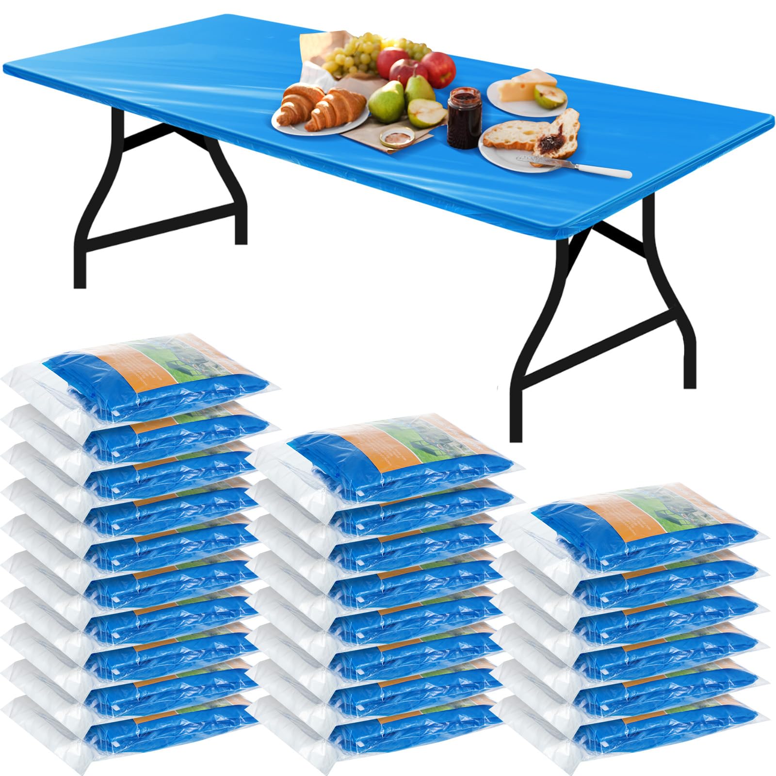 Boao 24 Pcs Summer Plastic Table Cloth Rectangle Picnic Table Covers Elastic Fitted Tablecloth, Disposable Waterproof for Campin
