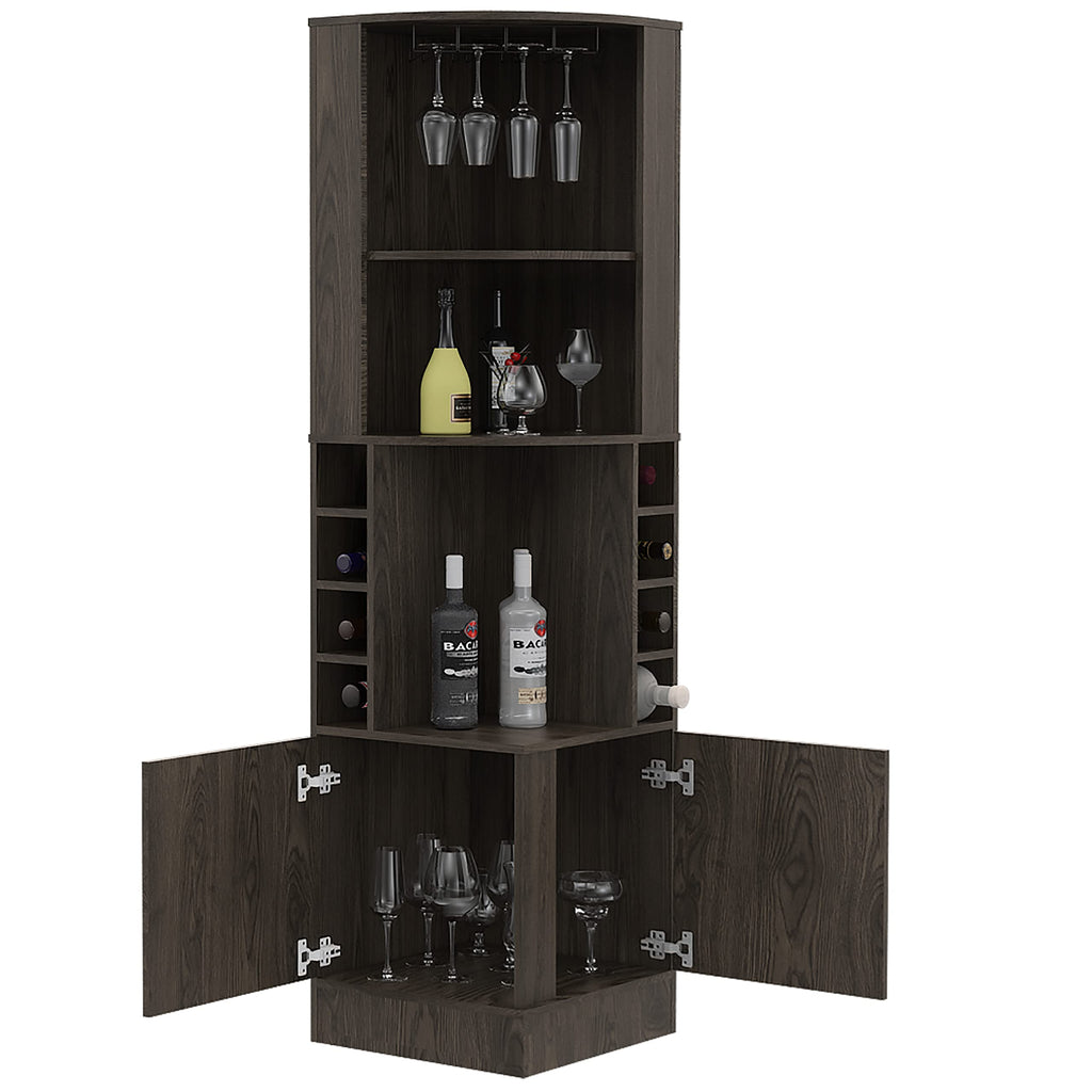 DEPOT E-SHOP Egina Corner Bar Cabinet with Two External Shelves, 71.1" H, Dark Walnut, Living Room