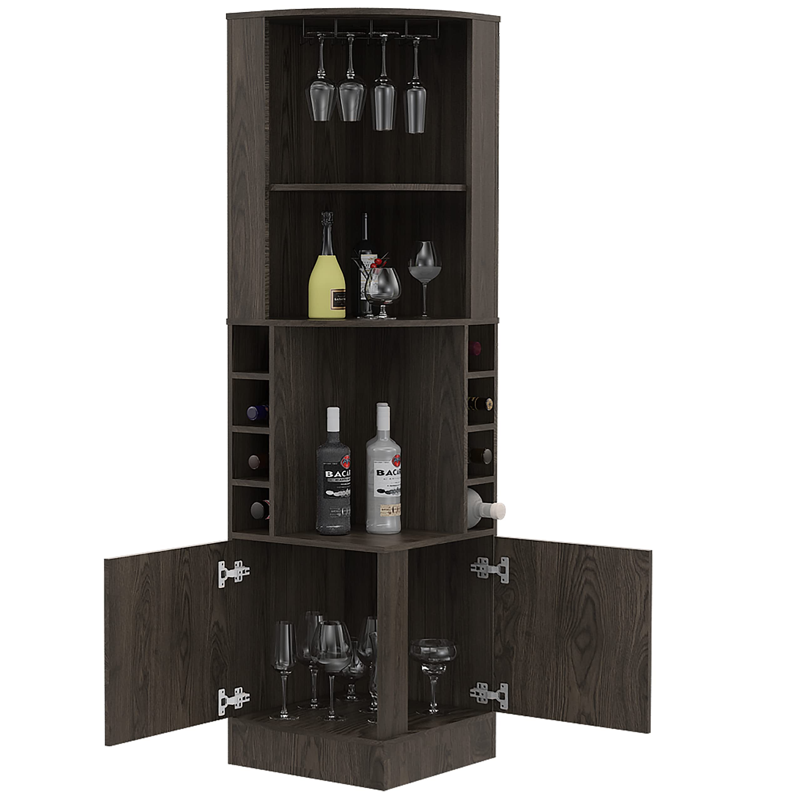 DEPOT E-SHOP Egina Corner Bar Cabinet with Two External Shelves, 71.1" H, Dark Walnut, Living Room