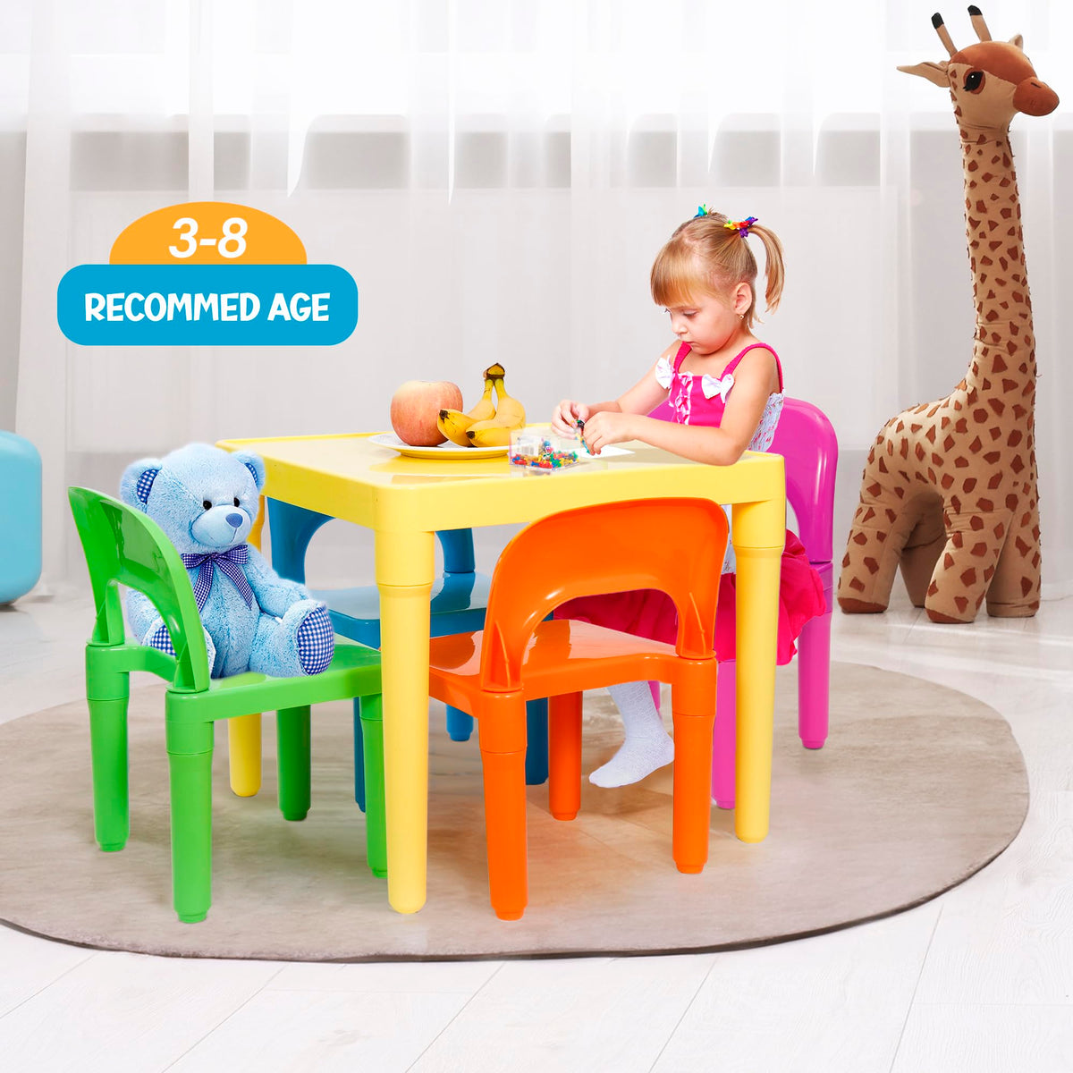 Zeny Kids Plastic Table And 4 Chairs Set, Multicolor Play Room Furniture For Reading, Train, Art, Crafts