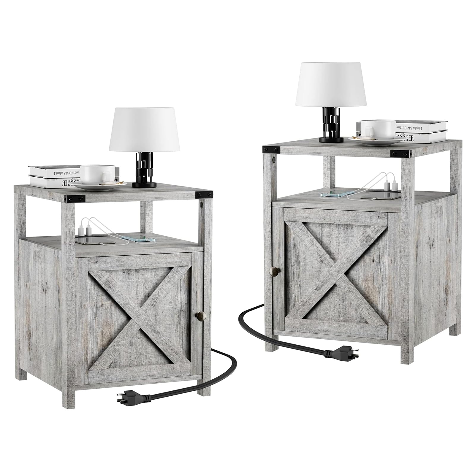 HOSEOKA Farmhouse Nightstand Set of 2 with Charging Station, Rustic End Table Bedroom with Storage Living Room Side Table Night 
