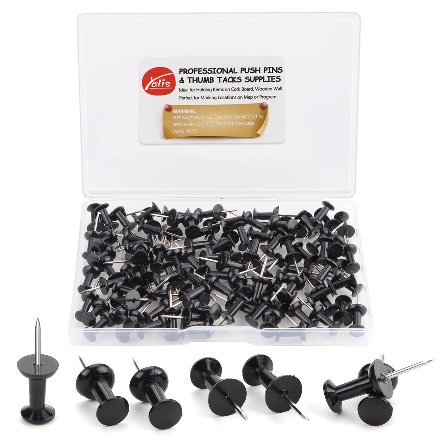 Yalis Push Pins 100-Count Black Thumb Tacks Standard Dark Pushpins Steel Point And Plastic Head