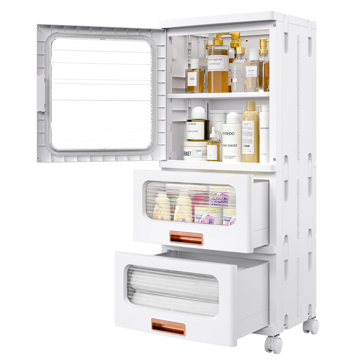 VECELO Narrow Bathroom Storage Cabinet with 2 Drawer, Foldable Storage Organizer with Movable Wheels and Adjustable Shelf for Sm