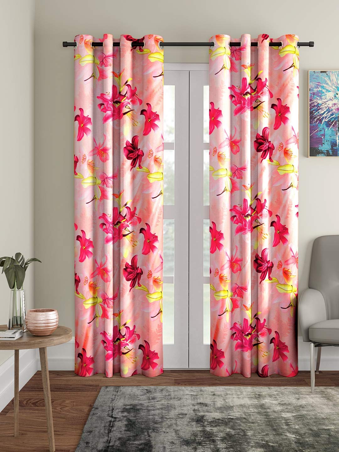 Home Sizzler Semi Sheer 2 Pieces 3D Flower Eyelet Polyester Long Door Curtains  9 Feet, Pink