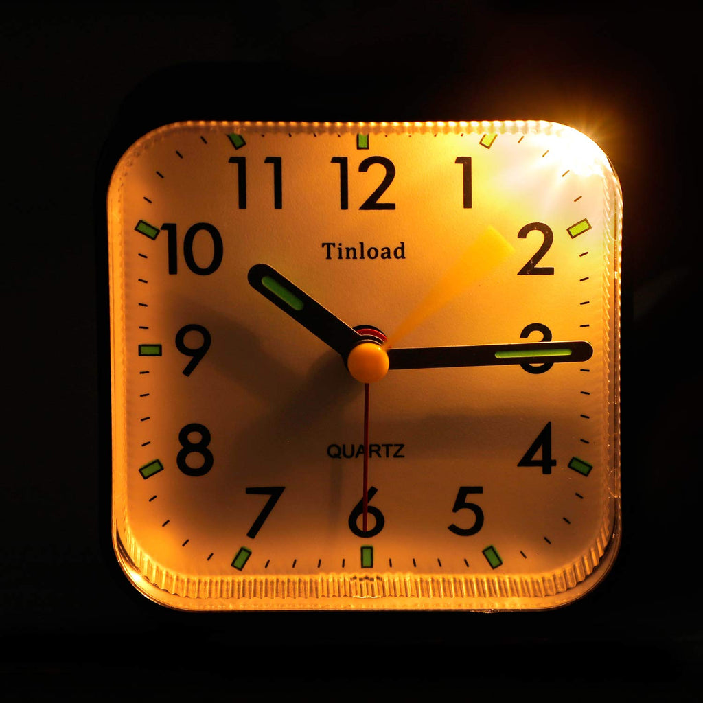 Tinload Small Battery Operated Analog Alarm Clock, Silent Non-Ticking, Black, Snooze, Easy Set Functions