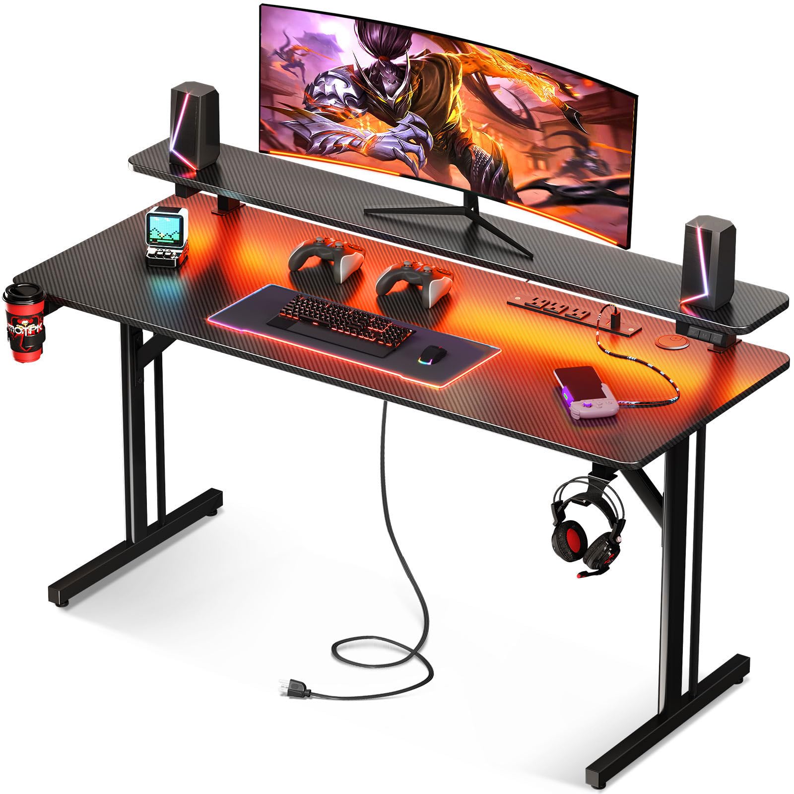 Motpk 47 Inch Gaming Desk With Led Lights & Power Outlets, Computer Desk Gaming Table With Monitor Shelf, Gamer Desk With Carbon Fiber Texture, Kids Boys Desk Gift For Men