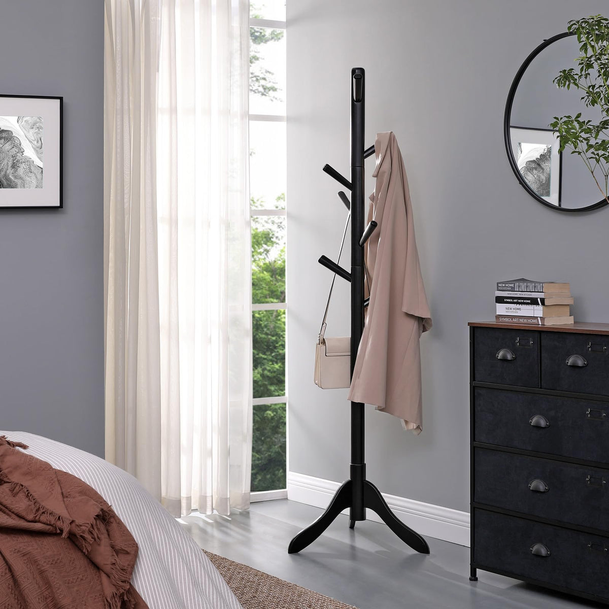 Vasagle Solid Wood Coat Rack, Free Standing Coat Rack, Tree-Shaped Coat Rack With 8 Hooks, 3 Height Options, For Clothes, Hats, Bags, For Living Room, Bedroom, Home Office, Black Urcr001B01