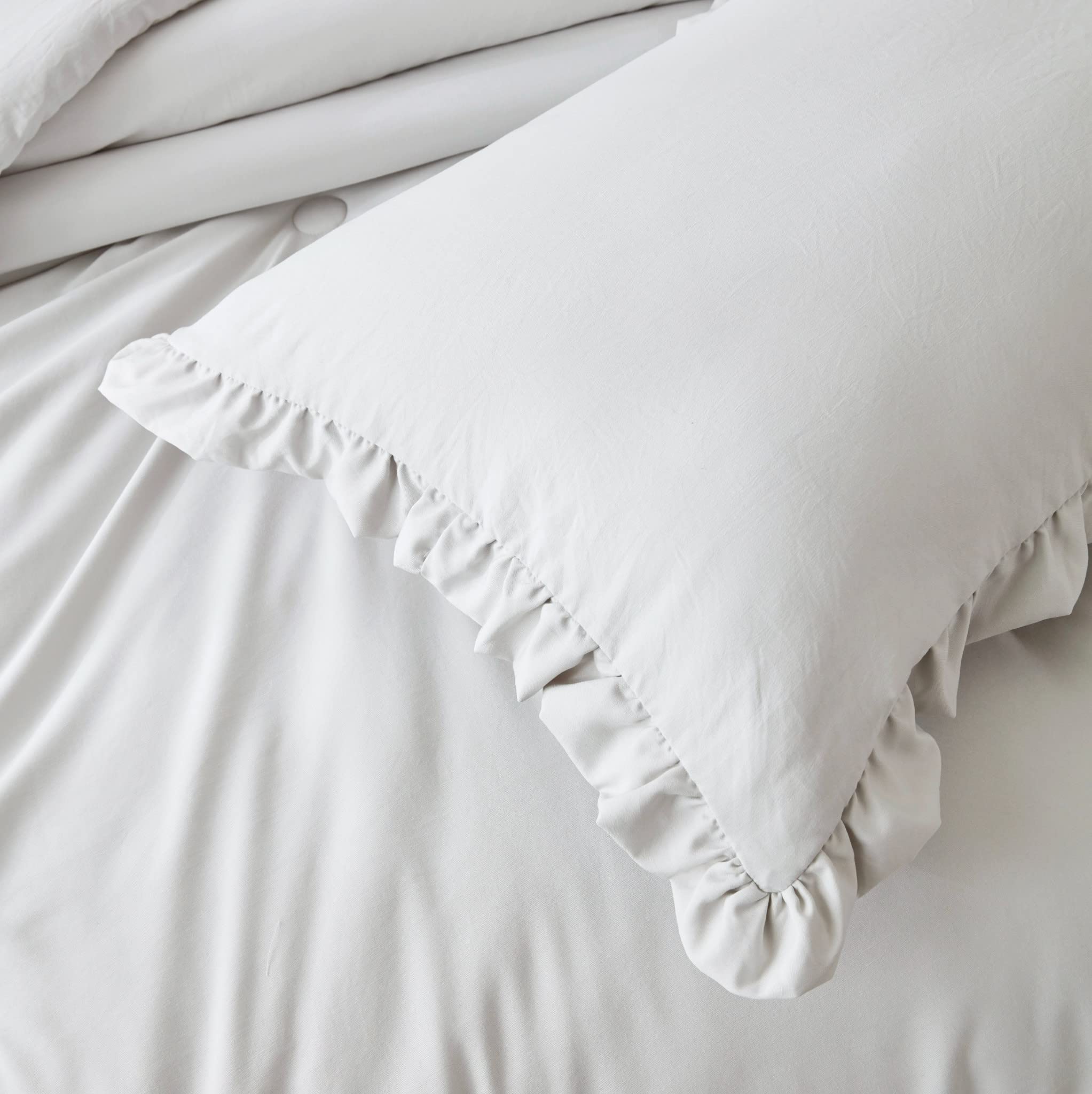 Chezmoi Collection Nora 3-Piece Ruffled Edge Trim Soft Washed Microfiber Comforter Set (Full, Light Gray)