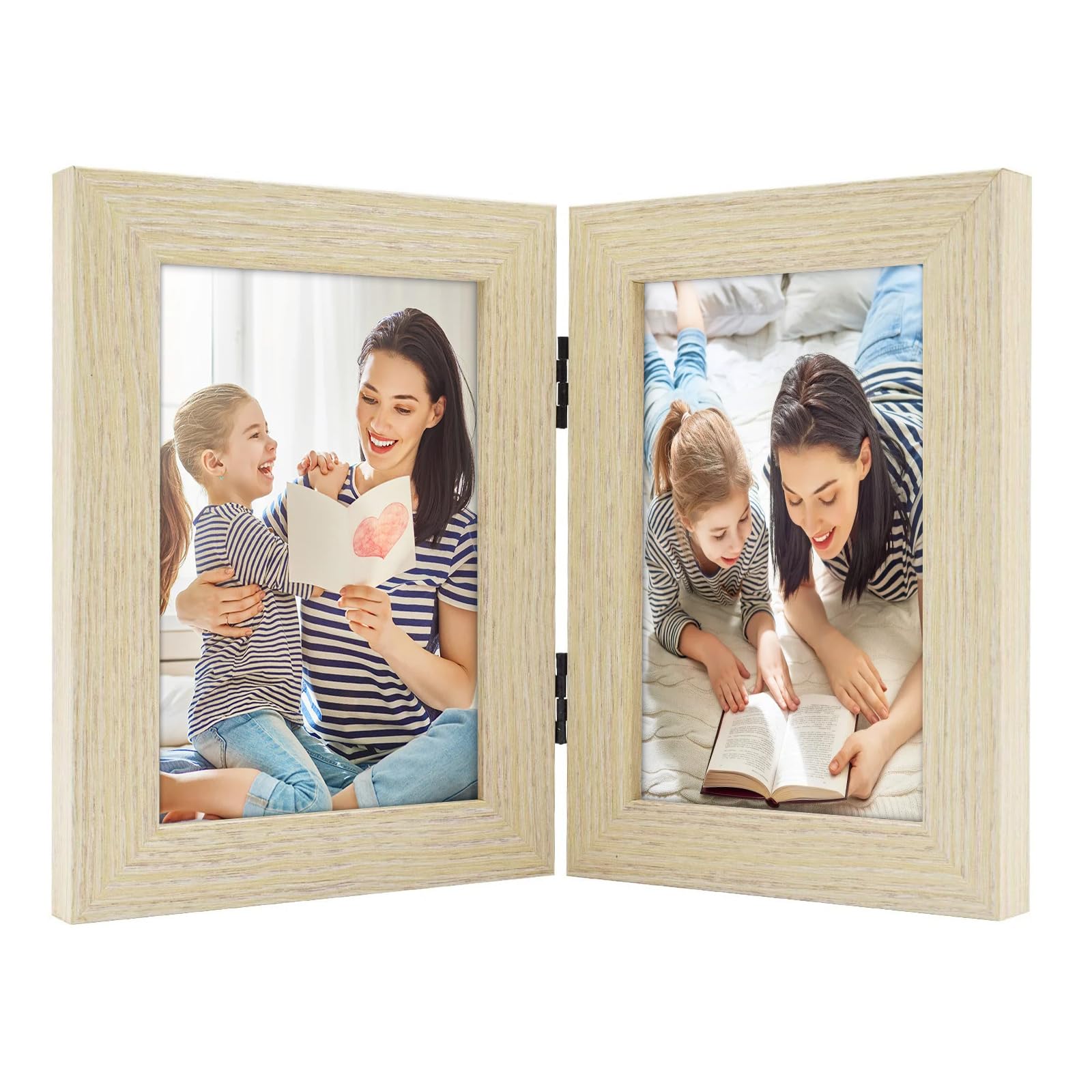 Golden State Art, 4x6 Double Hinged Picture Frame, Two Photo Folding Frames, for Wedding Family Pictures Collage (Beige, Double,