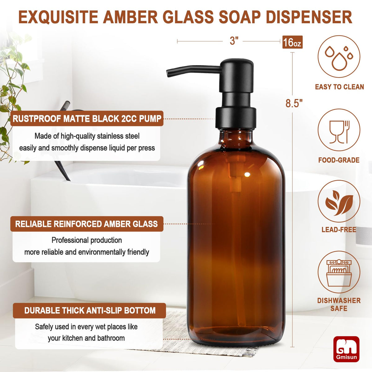GMISUN Amber Glass Soap Dispenser, 17 Fl Oz, Rustproof Stainless Steel Pump, Kitchen & Bathroom Liquid Soap Bottle, Brown