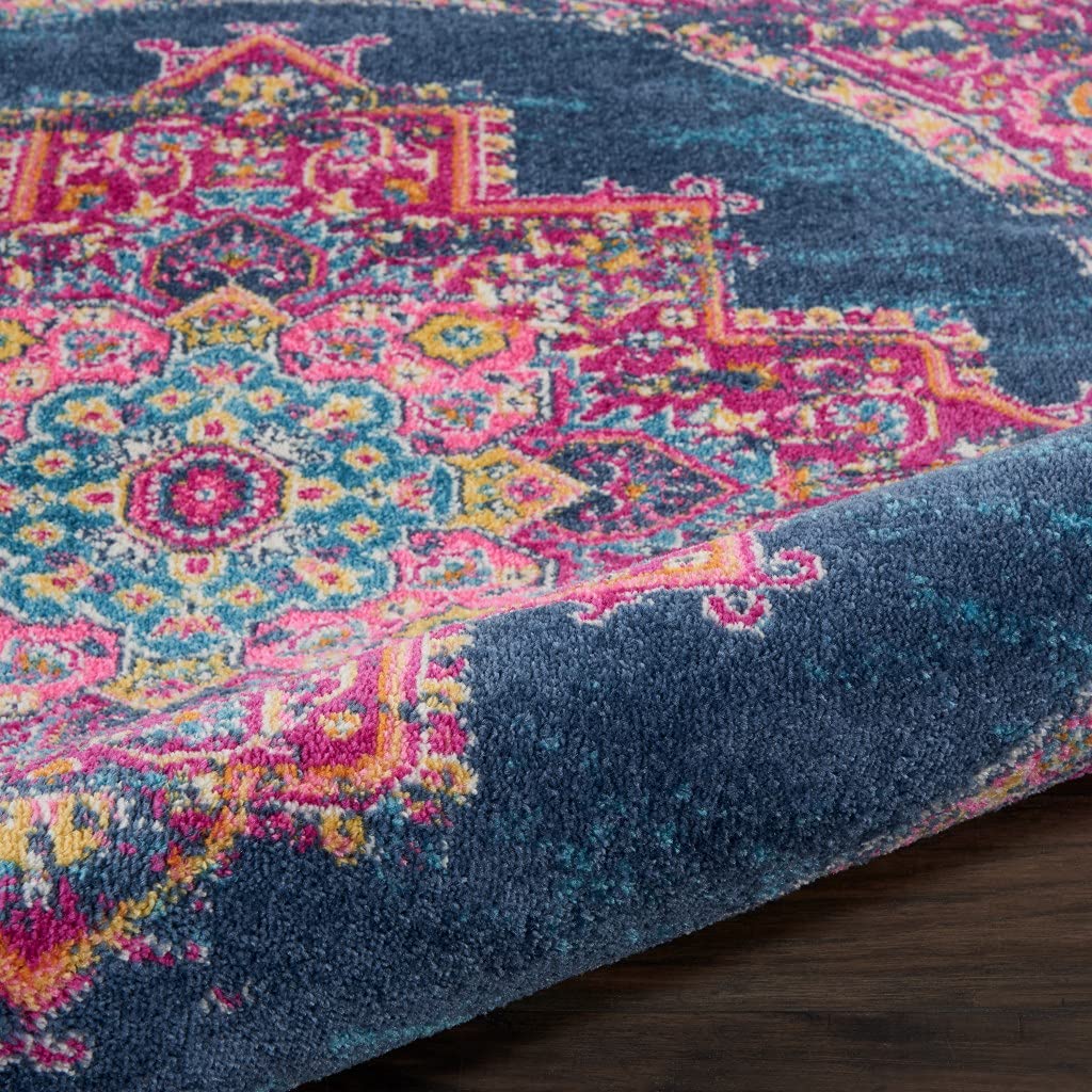 HomeRoots 100% Polypropylene 8’ Round Blue and Pink Medallion Area Rug