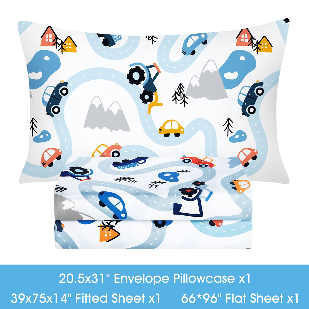 Bysure Twin Sheets Set Kids(Car Trace, Blue), 3 Pieces Easy Fit Deep Pocket Sheets Set, Breathable Wrinkle-Free Microfiber Beddi