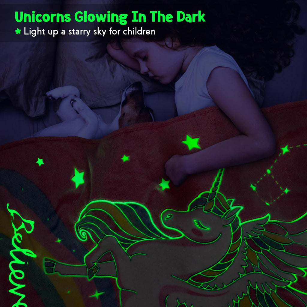 Unicorn Gifts Toys For Kids Girls - Glow In The Dark Blanket Age 1-13 Years Old Birthday Christmas Valentine'S Gift Easter Presents Toddler Teen Daughter Grandkids Rainbow Moon Stars Throw 50'X60'