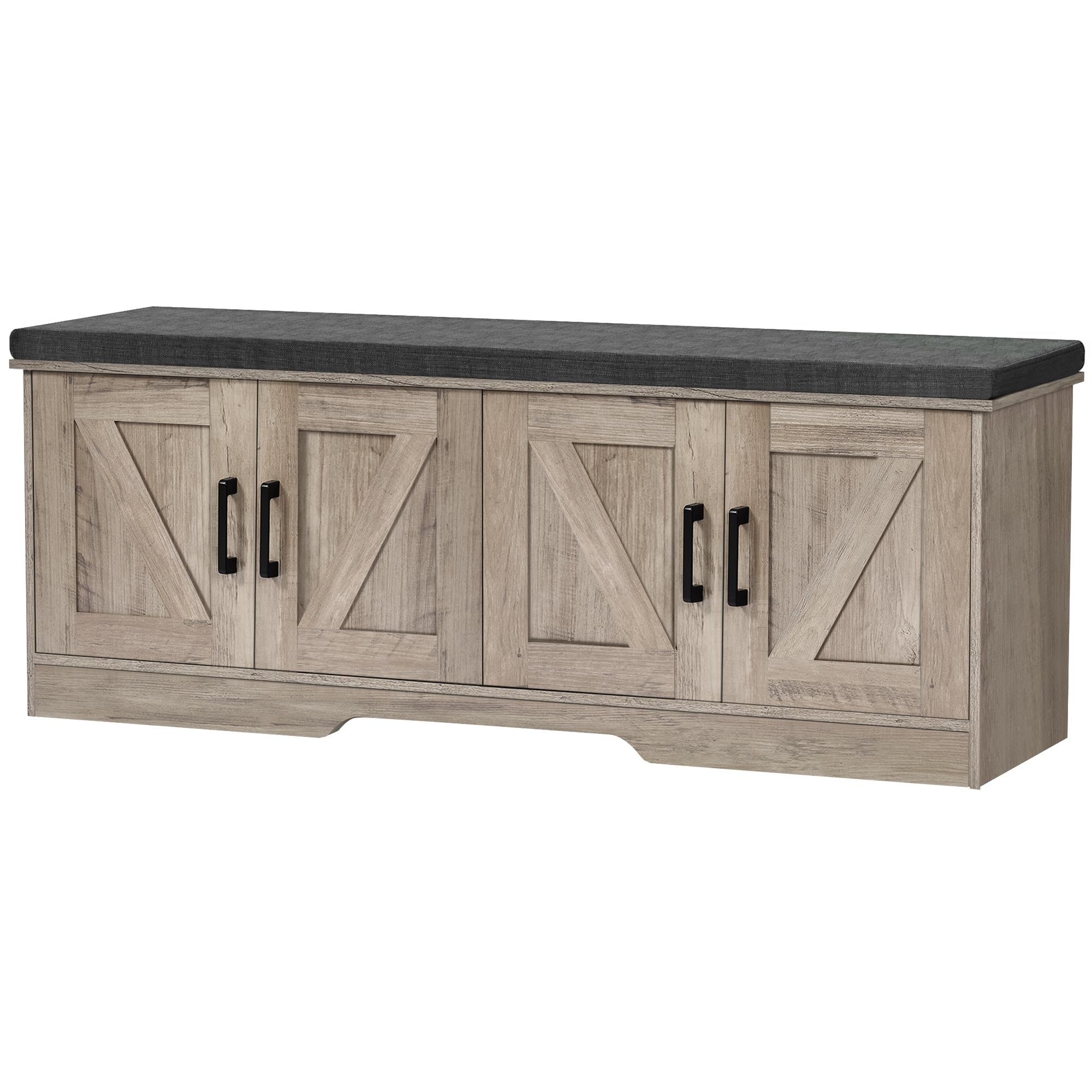 HOMSHO 2-Tier Storage Bench, Shoe Bench with Padded Seat Cushion, Entryway Bench with 4 Barn Doors, Adjustable Shelf, 13.8 D x 4