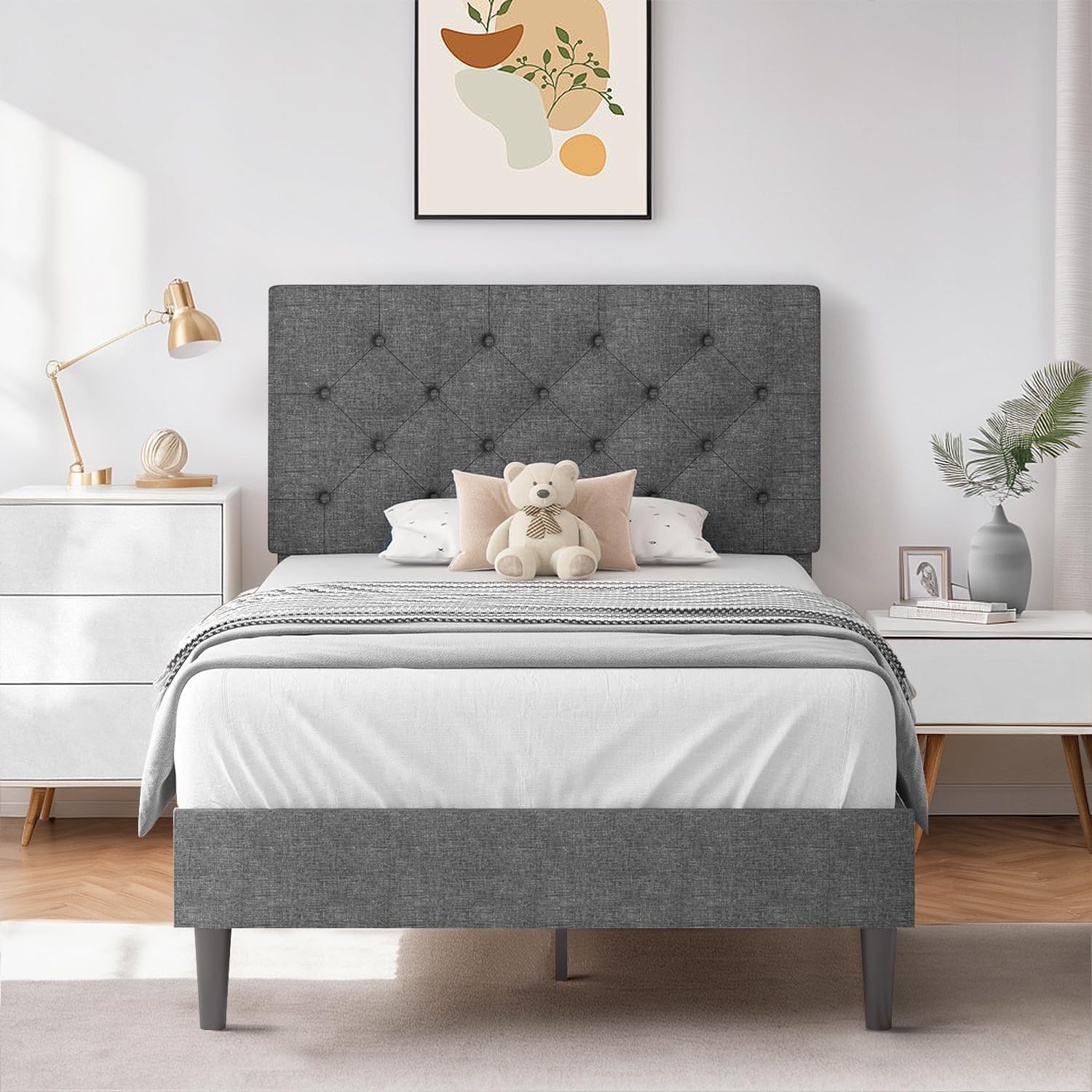 Hombck King Size Bed Frame And Headboard, Linen Fabric Upholstered Bed Frame King With Wood Slats, Button Tufted, No Box Spring Needed, Light Grey