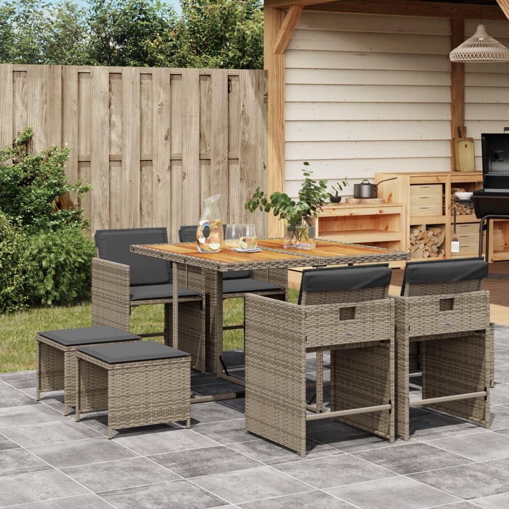 vidaXL Patio Dining Set with Cushions - 9 Piece Gray Poly Rattan Garden Furniture - Compact Storage, Washable Covers, Acacia Wood Table Top