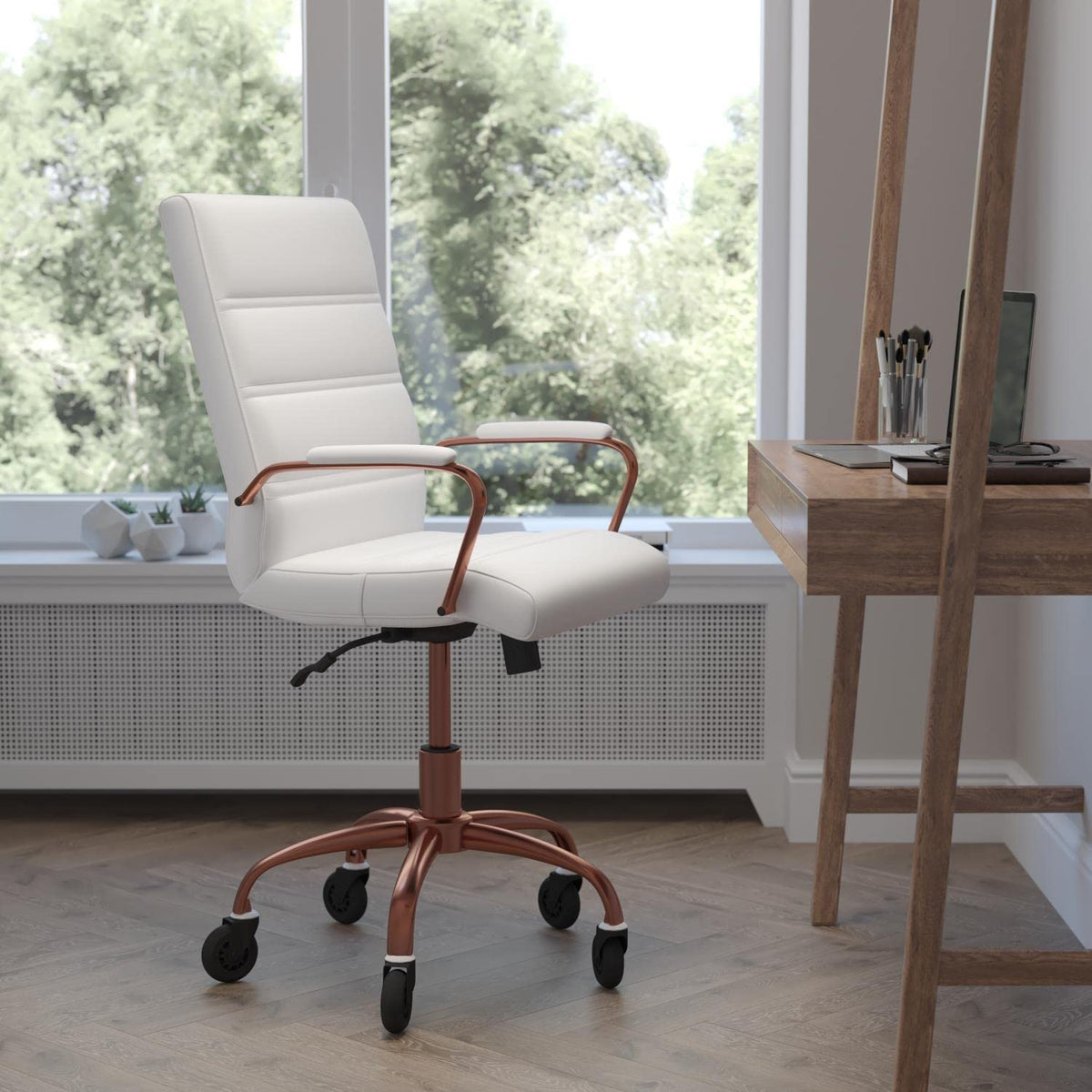 Flash Furniture Camilia Mid-Back Executive Swivel Office Chair With Rose Gold Frame, Arms, And Transparent Roller Wheels, 24&Quot;, White Leathersoft