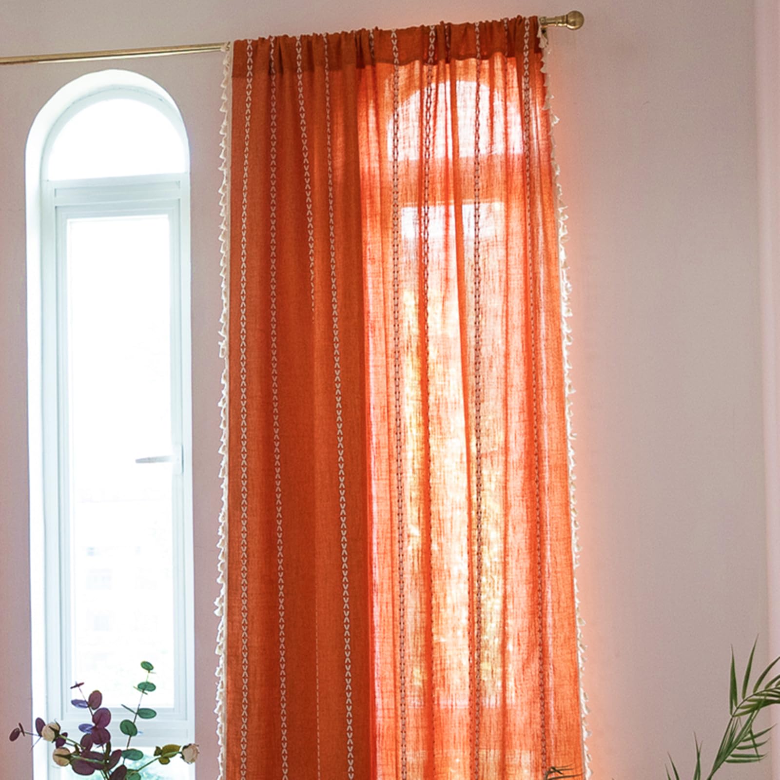 Deeprove Orange Curtains 90 Inches Long, Cotton Linen Stripe Textured Light Filter Privacy Burnt Bohemian Window Treatment For D