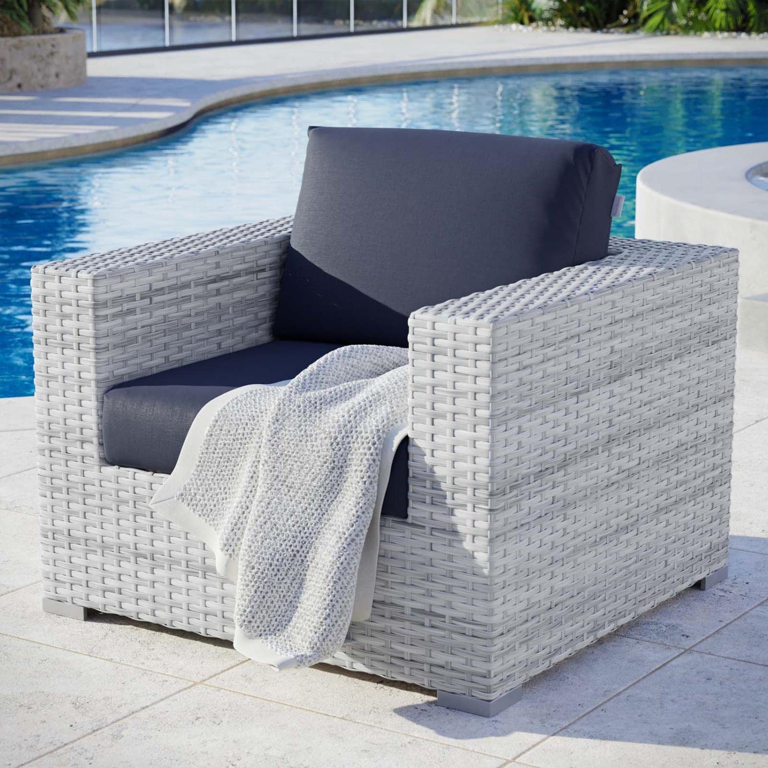Modway Convene Wicker Rattan Outdoor Patio Armchair in Light Gray Navy