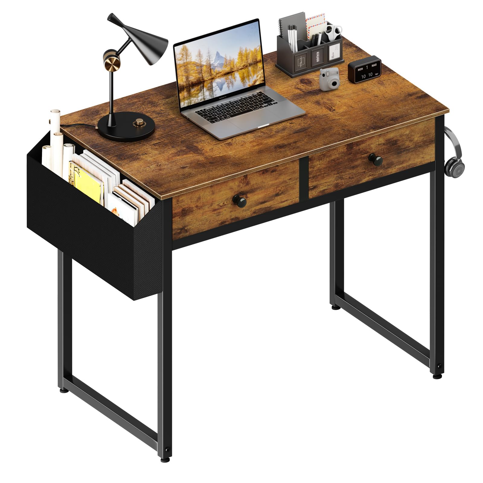 Lufeiya Small Computer Desk with 2 Drawers for Bedroom, 31 Inch Home Office Desk with Storage Fabric Drawer and Bag, Study Writi