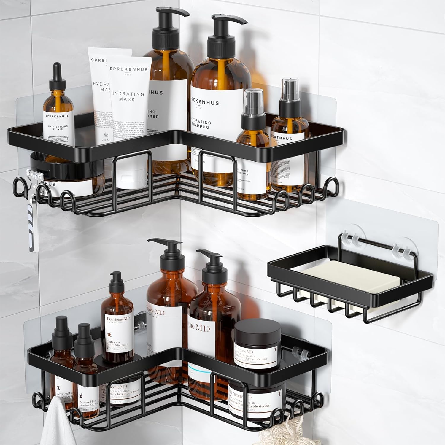 YASONIC Corner Adhesive Shower Caddy, with Soap Holder and 12 Hooks, Rustproof Stainless Steel Bathroom Organizer, No Drilling W